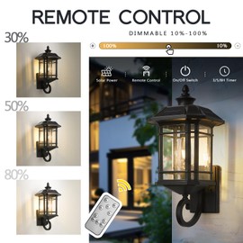 Emliviar Solar LED Wall Light Outdoor,Dusk to Dawn Solar Porch Light with Remote Control, Black Finish with Seeded Glass, Bulb Included, 22021M-SL BK