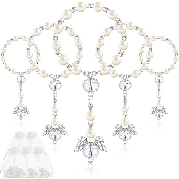 30 Pcs Baptism Rosary Mini Rosary Baptism Favors Small Rosary with Angel Baptism Party Favors for Guests Finger Rosary with 30 Pcs Organza Bags for Communion Baptism Wedding Party (Beige Silver)