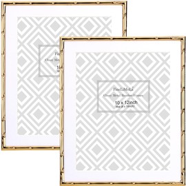 Gold 10x12'' Metal Bamboo Detail Picture Frame with Acid Free Mat for 8x10'' Set of 2,Elegant Narrow Plated Photo Frames,with Soft Velvet Backing for Tabletop and Wall Décor