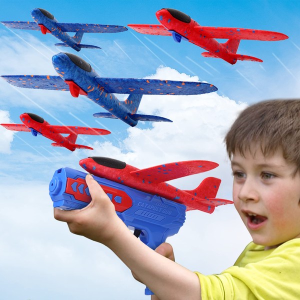 HLDWJ 5 Pack Airplane Launcher Toys, 2 Flight Modes Foam Glider Catapult Plane Toy for Boys, Indoor Outdoor Shooting Game Flying Toys Birthday Gifts for Kids Boys Girls 4 5 6 7 8 9 10 11 12 Year Old