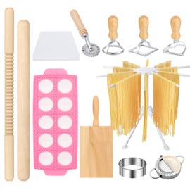 12 PCS Pasta Maker Tool Set Include 1 Pasta Drying Rack 1 Gnocchi Board 1 Dough Scraper 4 Ravioli Maker Cutter 2 Dumpling Maker Tool 2 Rolling Pin 1 Pasta Stamp For Homemade Pasta