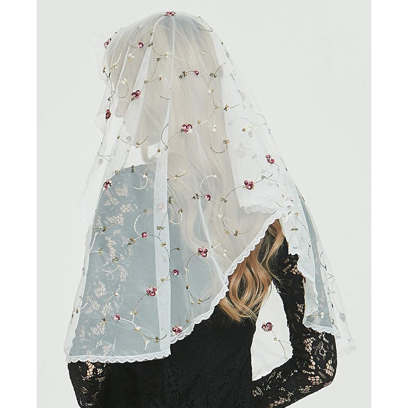 Orthodox Veil Head Covering with Embroidered Flowers Catholic Chapel Mantilla