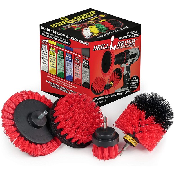 Drillbrush Red – Outdoor Power Scrubber Brush Kit - Garden, Patio, and Deck Cleaning - Drill Brush Attachments for Scrubbing Concrete, Brick, and Stone - Horse Stall Mats, and Feed