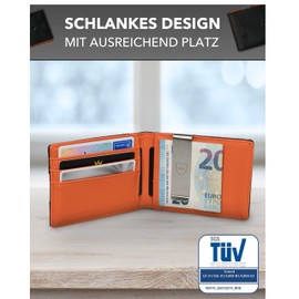 Kronenschein® Premium Men's Wallet with Money Clip, Slim Men's Wallet, Purse, RFID Protection, Credit Card Case, Card Case Gkm-01 Premium faux leather, Black - Orange