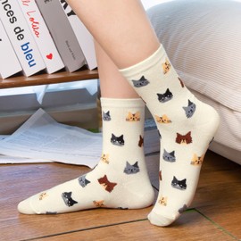Chalier Womens Funny Socks Cozy Cute Printed Patterned Fun Sock Novelty Cat Dog Socks for Women, Cute Cat Multicolor 01(5 Pairs)