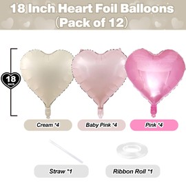 Pink White Heart Balloons, 12Pcs Baby Pink Cream Heart Foil Balloons Helium, 18 Inch Pastel Light Pink Beige Heart Shaped Mylar Party Decorations for Girls Birthdays Wedding Valentine Baby Shower