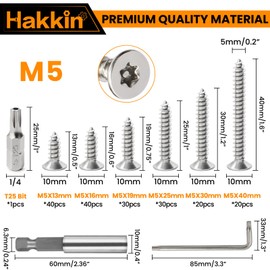 Hakkin M5 Self Tapping Screws 180Pcs Stainless Steel Screws Flat Head Countersunk Screws Tamper Proof Torx Anti-Theft Sheet Metal Screw Kit with T25 Bit, Wrench, Extension Holder for DIY Project