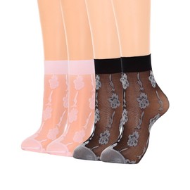 Campsis Flower Sheer Nylon Sock Black See Through Socks Ultra Thin Cool Silk Socks for Women(4 Pairs)