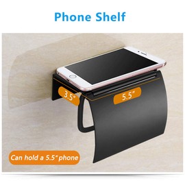 Matte Black Toilet Paper Holder Wall Mounted with Phone Shelf, Universal Modern Toilet Tissue Holder fit Mega Roll Toilet Paper, Cat Proof Toilet Paper Holder Bathroom Metal Aluminum Covered TP Holder
