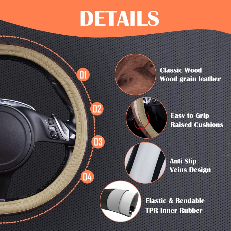 CAR PASS Wood Grain 14.5-15 inch Microfiber Leather Steering Wheel