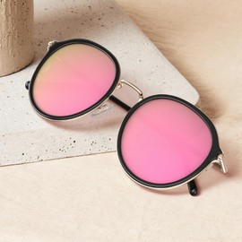 CARFIA Pink Mirrored Acetate Polarized Sunglasses for Women UV Protection, Fashion Metal Brow Ladies Shades Round Sunnies