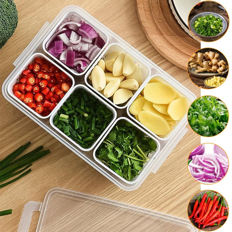 Scallion Ginger Garlic Fresh-Keeping Box, 6 Grids Detachable Drain Basket