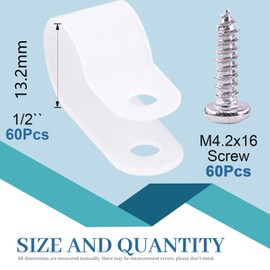 Glarks 60Pcs 1/2 Inch White Nylon Screw Mounting R-Type Cable Clip Wire Clamp with 60Pcs Screws for Wire, Cable, Conduit and Cable Conduit Kit (White)