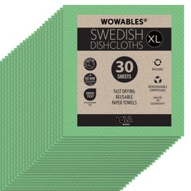 LOLA Wowables XL Swedish Dishcloths, 30 Reusable Eco Cleaning Cloths, 11" x 10", Ultra Absorbent Cellulose Sponge Towel, Compostable, Made in Germany
