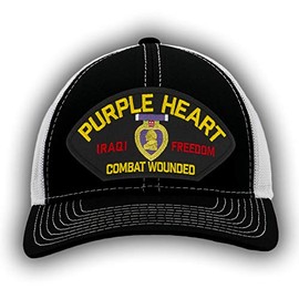 PATCHTOWN Purple Heart - Iraqi Freedom Veteran Combat Wounded Hat/Ballcap Adjustable One Size Fits Most (Mesh-Back Black & White, Standard (No Flag))