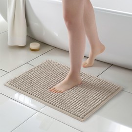 FRESHMINT Thick Chunky Chenille Bathroom Rugs 17"x24", Non Slip Bath Mat for Bathroom Floor, Small Soft Bathroom Decor Accessories, Cute Shower Mat Water Absorbent, Washable, Beige