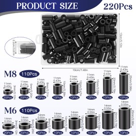 Pack of 220 Round Spacers Kit, 110 Pieces Spacer Sleeves M8 110 Pieces Spacer Sleeves M6, Spacers with Storage Box, Black Spacer Sleeves Nylon Washers Insulation Washers