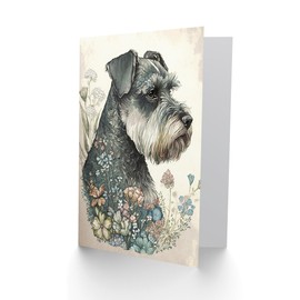 Artery8 Grey Schnauzer Dog and Spring Flowers Boho Portrait Watercolour Illustration Art Birthday Sealed Greeting Card Plus Envelope Blank inside