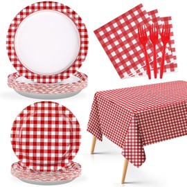 98Pcs Red and White Gingham Party Supplies Red & White Gingham Party Plates Napkins Tablecloths Disposable Red and White Paper Tableware for Picnic Birthday BBQ Baby Shower Decorations, Serves 24