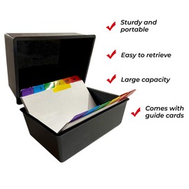 Indigo® 5x3" Black Index Card Box with A-Z Coloured Guide Cards – Durable Filing Storage Box for Office, Home & School Use
