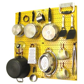 Wall Control Kitchen Pegboard Organizer Pots and Pans Storage Rack Organization Kit with Yellow Pegboard and Red Accessories