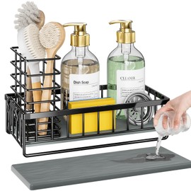 Kitchen Sink Caddy Sponge Holder - Instant-Dry Kitchen Sink Organizer with Brush Holder - Waterproof Soap Dispenser Non-Slip Countertop Organizer Sink Accessories Storage for Kitchen Bathroom Black