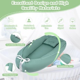 Saeifin Baby Lounger for Newborn, Infant Lounger for 0-24 Months, Co Sleeper for Girls Boys, 100% Cotton Soft Adjustable Baby Floor Seat for Travel, Portable Baby Nest Lounger(Green)