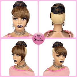 VAVANGA Large Hair Bun and Bang Set 2PCS - Brown Black Highlight Braided Bun N Bang Clip-in Updo Bride Chignon Fringe Ponytail with Swoop Side Bangs Hair Piece for Black Women - 2H30 (Chestnut Brown)