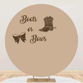 DORCEV 6.5x6.5ft Boots or Bows Round Backdrop Cover - Cowboy Cowgirl Kids Gender Reveal Party Decor Circle Backdrop Brown He or She Baby Shower Pregnancy Announcement Background Round Stand