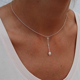 Aneneiceera Bohemian Pearl Y Drop Necklace White Pearl Y Lariat Necklace Satellite Chain Tassel Necklace Gold Minimalist Necklace Chain Jewellery for Women (Gold), Zinc