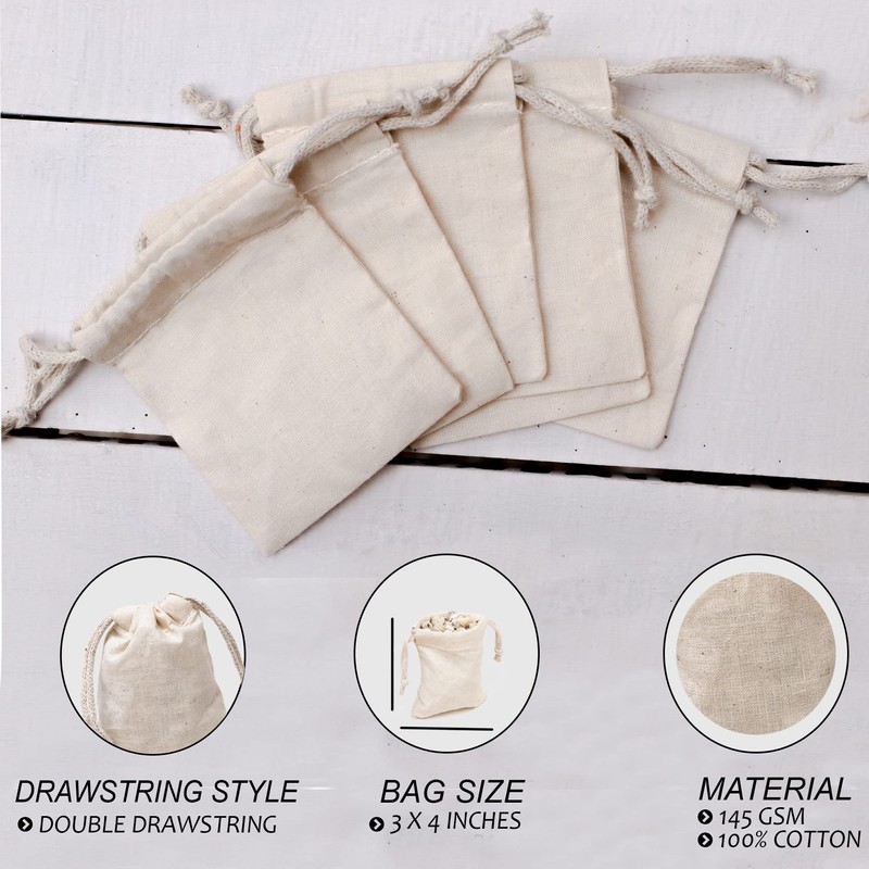 ecomuslinbags 4x6 inches Natural Cotton Double Drawstring Reusable Produce Muslin