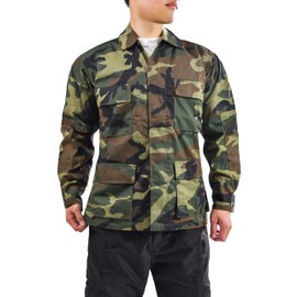 BACKBONE Mens Army Military Battle Dress Uniform BDU Shirt Camo Top Jacket (Woodland Camo,Size L)
