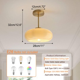 Qufute mid Century Ceiling Light Milk Glass Ceiling Light fixtures Glassshade Gold Modern Semi Flush Mount Ceiling Light, Globe Glass Ceiling Lamp Hallway Dining Room Kitchen