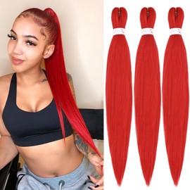 IXIMII Red Braiding Hair Pre Stretched 26 inch 3 packs Pre-Stretched Kanekalon Braiding Hair Soft Long Straight EZ Crochet Braids Yaki Texture Synthetic Hair Extensions Hot Water Setting