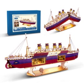 Vziimo Titanic 3D Puzzles for Adults, LED Titanic Metal Ship Model Building Kits for Home Desk Decor, 368 Pcs Wooden DIY Arts and Crafts Collection Gifts for Couples Women Kids 12 +