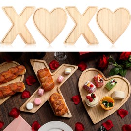 Patelai 4 Pcs Valentine's Day Wooden Serving Platter XOXO Heart Shaped Wood Serving Tray Kitchen Charcuterie Board Candy Tray Snack Board for Valentine's Day Anniversary Wedding
