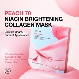 ANUA Peach 70 Niacin Brightening Collagen Mask, Overnight Face Mask for Glass Skin, Niacinamide, Collagen Facial Mask, Elasticity, Glow up with Hydration, Natural Color, Korean Skin Care, 38g/4ea