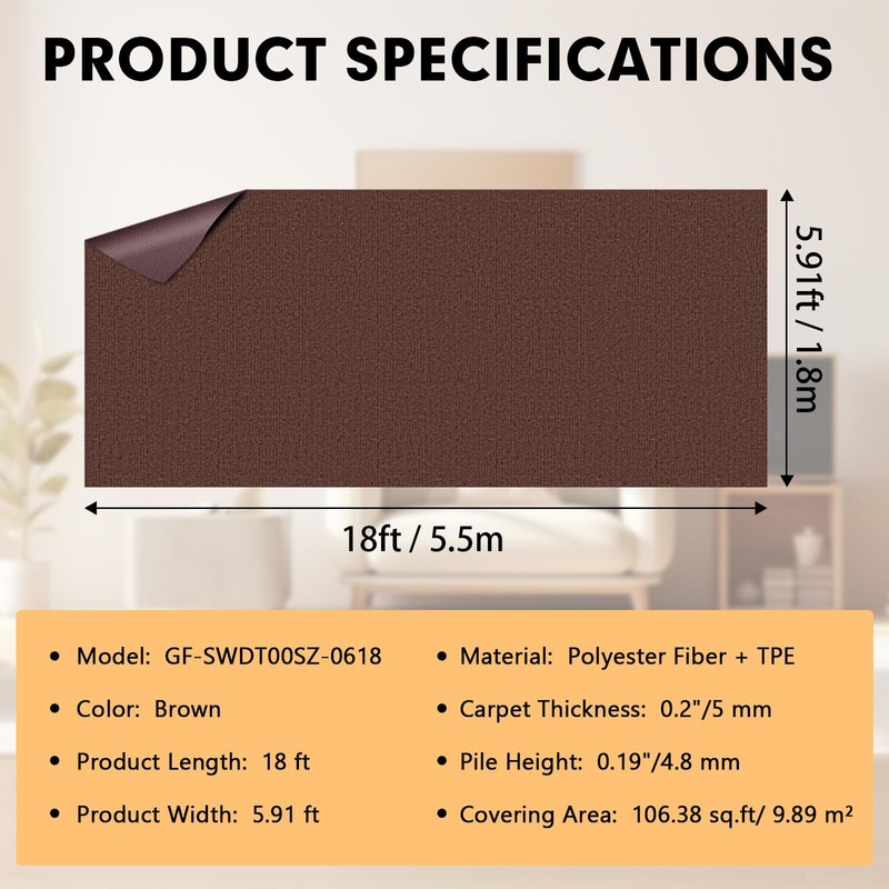 Grefinity Marine Carpet,6 FT x 18 FT Brown Indoor Outdoor