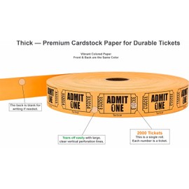 Tacticai 2000 Raffle Tickets, Admit One, Orange (8 Color Selection), Single Roll, Ticket for Events, Entry, Class Reward, Fundraiser & Prizes