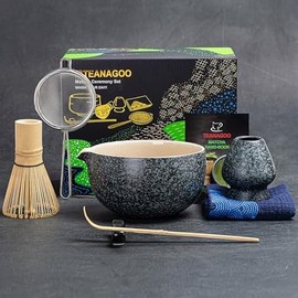 TEANAGOO Matcha Whisk Set Black,7 Pcs Matcha Set,Matcha Kit for Ceremony,Matcha Tea Set for Making Breakfast/Latte,Matcha Whisk Set with Bowl(Chawan)/Whisk and Holder,Gift for Matcha Lover