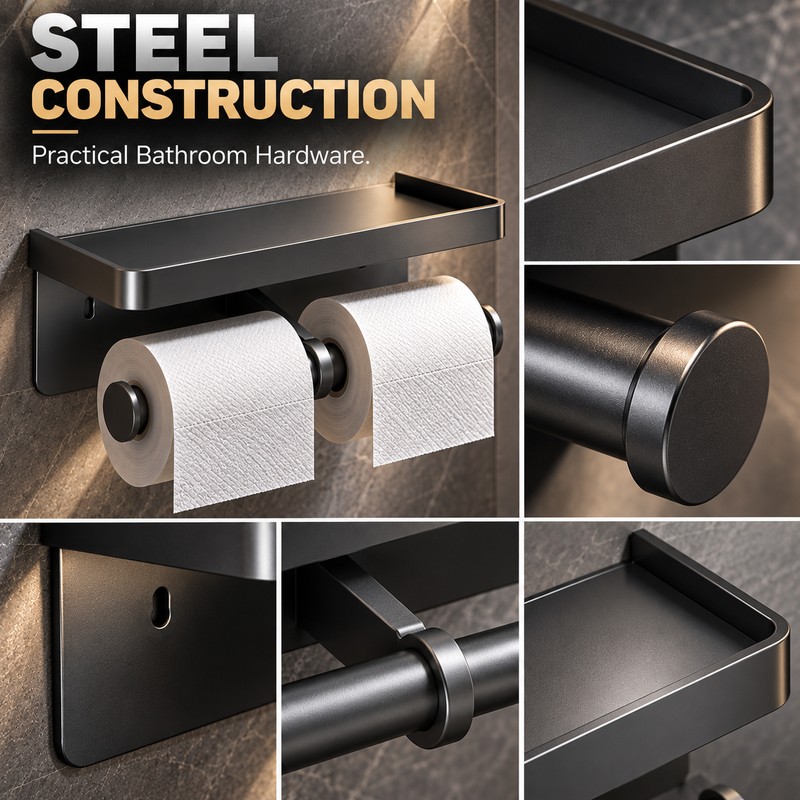 Wall Mounted Toilet Paper Holder with Storage Shelf – Black