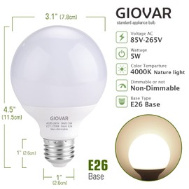 GIOVAR 8-Pack LED Bathroom Light Bulbs, 4000K Natural White Night Light Bulb, Non Dimmable Makeup Mirror Lights for Bedroom, E26 Medium Screw Base