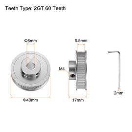 sourcing map 2pcs 2GT Timing Pulley 60 Teeth 8mm Bore 40mm Dia. Aluminum Timing Belt Pulley with Hex Wrench for 6mm Width Belt 3D Printer CNC Machine Accessories, Silver Tone