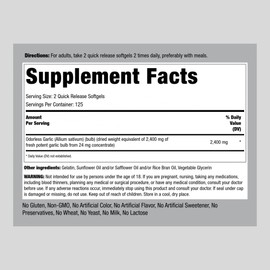 Piping Rock Odorless Garlic Softgel Capsules | 2400mg | 250 Pills | High Potency Extract | Herbal Supplement | Non-GMO, Gluten Free