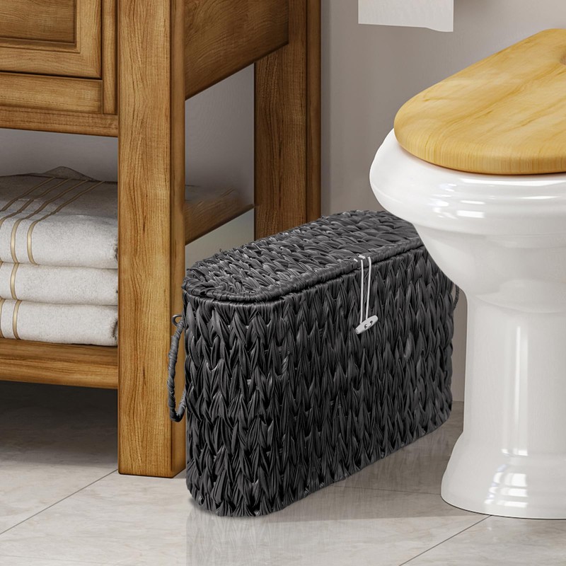 Coeusy Black Toilet Paper Basket with Lid,Wicker Toilet Paper Storage