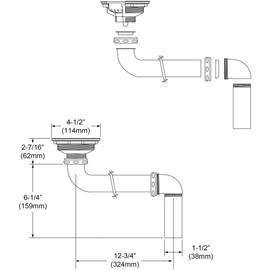 Elkay LKAD35 3-1/2" Drain Fitting with Stainless Steel Body, Strainer Basket, and Offset Tailpiece, Silver, 3.5