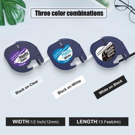 3 Pack Compatible with Dymo Letratag Refills Plastic Clear Label Tape 1/2" x 13' Replacement for Dymo Label Maker Refills for Letra Tag LT 100H 100T QX50 Handheld Label Maker,Black/Clear/White