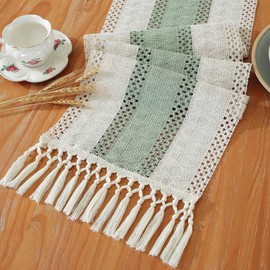 Boho Table Runner, Farmhouse Table Runners 72 Inches Long, Cotton Linen Rustic Table Runner, Macrame Table Decoration for Holiday Party, Wedding and Dining, 72 Inches, Green
