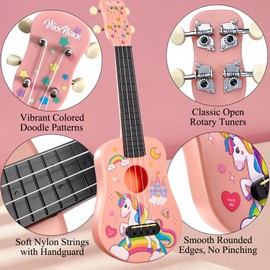 VixxNoxx 21 Inch Soprano Ukulele for Beginners Kids Adults & Students, Nylon Strings Hawaiian Ukulele Starter Kit with Gig Bag Strap Picks Extra Strings, Portable Musical Instrument (Pink)