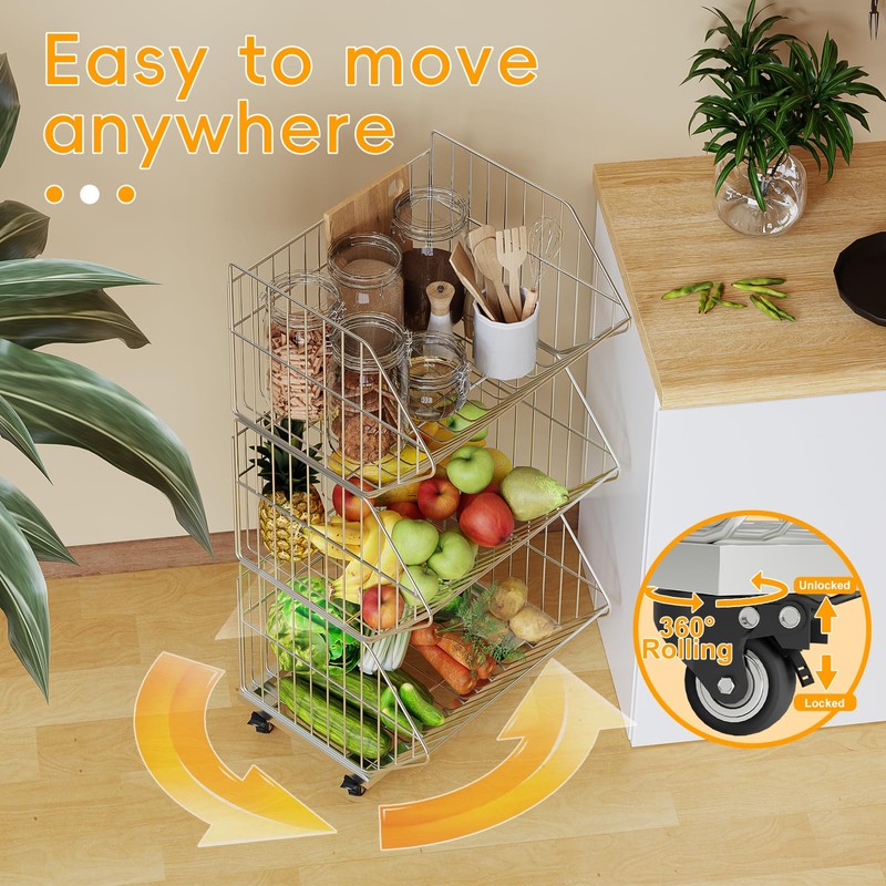 Standing Shelf Units, Wire Storage Basket with Wheels, Detachable and